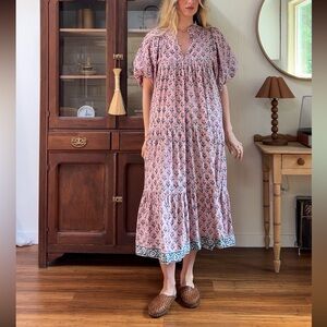 100% Cotton Indian Block Print Dress Pink Maxi Dress S Christy Dawn